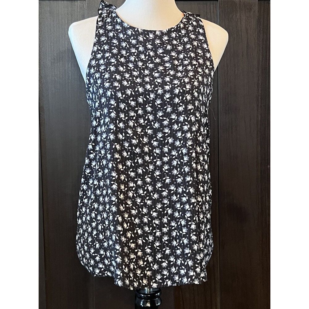 Loft Black Tank Shirt With White Flowers And Ruffle On Back Sz‎ S